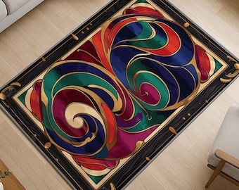 Swirling Abstract Oriental Frame Rug - Washable Chenille Carpet with Gold Outlines and Vibrant Colors for Artistic Home Decor