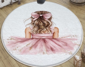 Pink Princess Ballerina Rug for Girls Nursery Room - Round Kids Room Decor with Pillow Case Gift, Perfect Kids Birthday Present