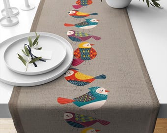 Table Runner Colorful Birds Pattern on Brown Background, Modern Dining Room Decor Textile Accent, Unique Home Table Linen, Farmhouse Decor