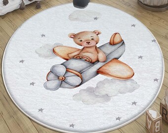 Bear Pilot Plane Kids Nursery Rug with Pillow Case, Round Playground Rug Gift for Baby & Toddler Room Decor, Cute Kids Room Gift