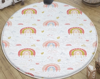 Round Rainbow Boho Nursery Rug with Pillow Case Gift – Cute Baby Playroom Decor, Soft Kids Room Carpet, Toddler Playground Mat