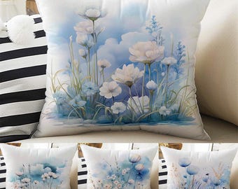Pillow Cases Blue White Flowers Both Sides Printed Cozy Cottagecore Accent Floral Cushion Cover Housewarming Gift