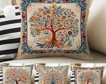 Tree Of Life Retro Both Side Printed Pillow Cases, Cozy Cottagecore Accent Pillow, Tree Floral Spun Pillow Cushion, Housewarming Gift