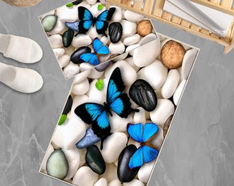 Black White Pebble Stones Blue Butterfly Bathroom Rug - Floral Non Slip Bath Mat, Quick Dry Washable Toilet Mat, Soft Modern Bathroom Decor
