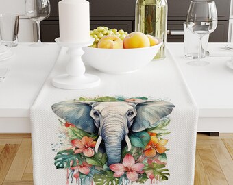 Table Runner Elephant Floral Pattern, Retro Farmhouse Decor, Traditional Textile Accent for Dining & Home, Farmhouse Decor