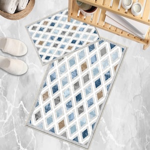 Light blue bath mat, Non Slip Bathroom Rug Blue Gray Brown Tiles Bath Mat Quick Dry Soft Washable Geometric Toilet Mat Modern Decor