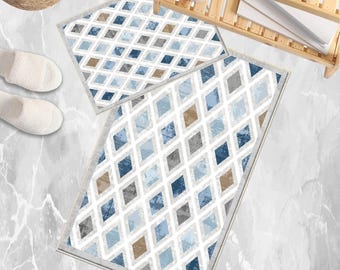 Non Slip Bathroom Rug Blue Gray Brown Tiles Bath Mat Quick Dry Soft Washable Geometric Toilet Mat Modern Decor