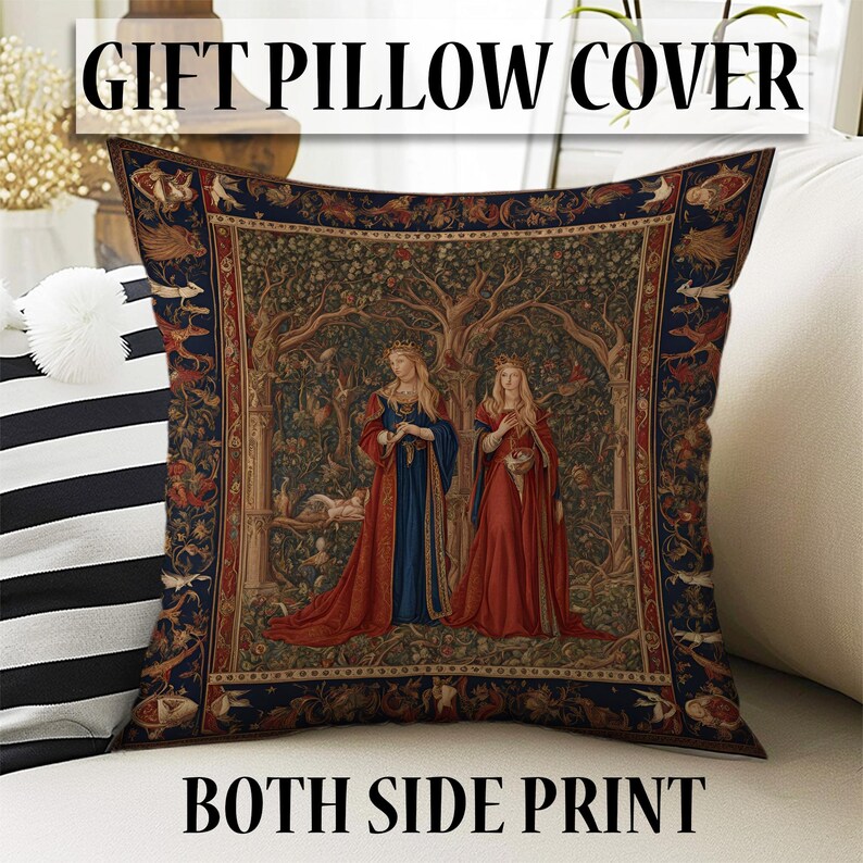 May include: Square pillow cover with a tapestry design featuring two women in long gowns and crowns. The pillow has a dark blue border with decorative elements and the text "GIFT PILLOW COVER" and "BOTH SIDE PRINT".