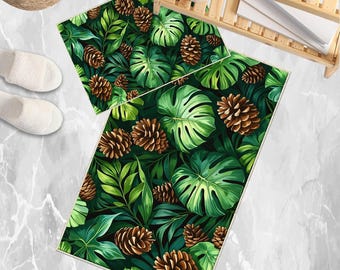 Pinecone Bath rug with palm leaves, Quick Dry Bathroom Mat, Soft Washable Botanic Toilet Mat, Modern Bathroom Decor, Green Toilet Rug
