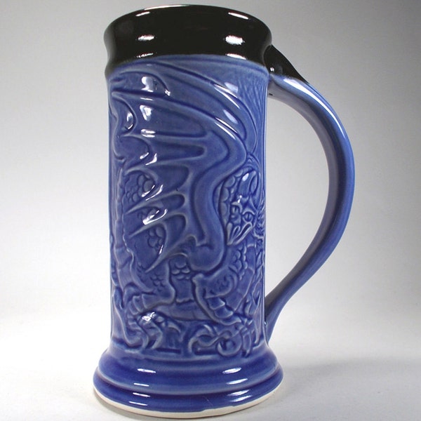 Dragon Stein, Beer Mug,  Fantasy Art, Stoneware Pottery, Royal Blue, Renaissance Costume Mug