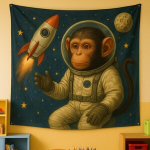 子供用宇宙猿タペストリー 宇宙飛行士チンパンジー壁掛け、ロケット船保育園装飾、子供部屋用宇宙壁アート