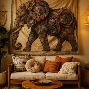 Boho Elephant Woven Blanket – Vibrant Mandala Animal Tapestry, Coastal Decor Throw for Sofa or Wall Hanging
