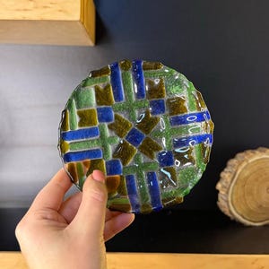 Glass plate 13cm 5&quot; inch  Decorative glass plate| Geometric Modern Abstract Fused Glass Plate | rolling tray| Handmade kitchenware |