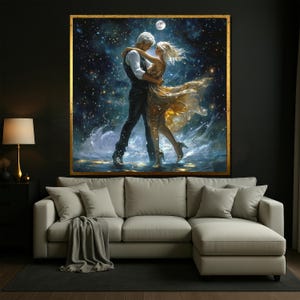 Romantic Moonlight Dance Canvas Wall Art, Couple Dancing Under Stars Painting, Celestial Love Decor, Dreamy Bedroom or Anniversary Gift