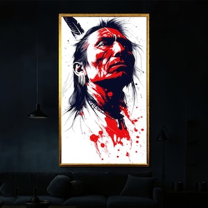 Red and Black Native Warrior Canvas Art, Bold Abstract Tribal Portrait Wall Decor for Modern Rustic or Boho Interiors