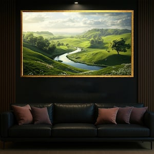 Green Hills River Wall Art, Serene Landscape Nature Print, Countryside Valley Poster, Peaceful Scenery Home Decor