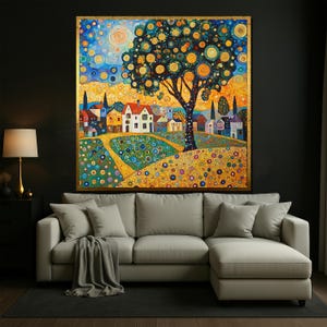 Gustav Klimt Inspired Colorful Village Canvas – Decorative Landscape Wall Art with Tree and Houses – Joyful Gift for Home and Art Lovers