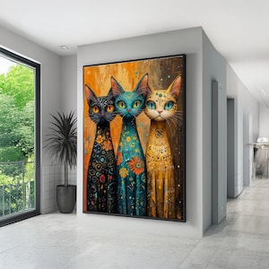 Whimsical Trio Cats Canvas Print, Floral Feline Painting
