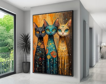 Whimsical Trio Cats Canvas Print, Floral Feline Painting