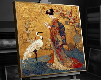 Canvas geisha en kraanvogel, bladgoudstijl, Japanse kunst