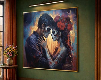 Tela romantica per il Giorno dei Morti con coppia, arte con teschi di zucchero, decorazione murale per il Día de los Muertos, dipinto intimo per coppia, copricapo floreale dai colori vivaci