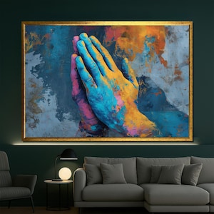 Colorful Praying Hands Canvas Painting - Abstract Spiritual Wall Art for Living Room or Gift - Faith Inspired Modern Home Decor
