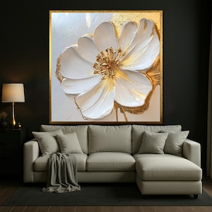 White and Gold Flower Canvas Wall Art, Elegant  Floral Painting for Living Room, Modern Luxury Home Interior Decoration