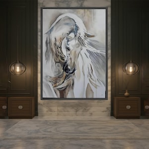 Elegante cuadro de un caballo blanco sobre lienzo, pintura equina abstracta, decoración moderna con arte animal, lienzo en tonos neutros, listo para colgar. imagen 3