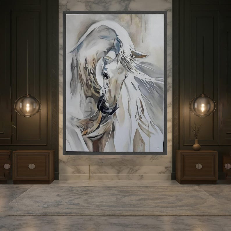 Elegante cuadro de un caballo blanco sobre lienzo, pintura equina abstracta, decoración moderna con arte animal, lienzo en tonos neutros, listo para colgar. imagen 3