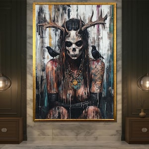 Dark Tribal Skull Canvas Painting with Antlers and Crows, Gothic Horror Wall Art, Unique Gift for Home Decor