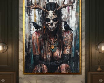 Dark Tribal Skull Canvas Painting with Antlers and Crows, Gothic Horror Wall Art, Unique Gift for Home Decor
