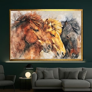 Aquarell Pferd Leinwand Wandkunst, Drei wilde Pferde Malerei, rustikale Bauernhaus Tier Dekor für Wohnzimmer oder Kabine
