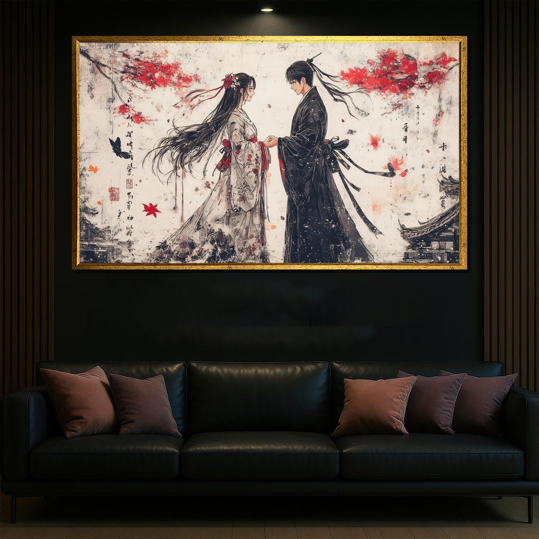 Romantic Japanese Samurai Couple Canvas Wall Art, Traditional Kimono ...