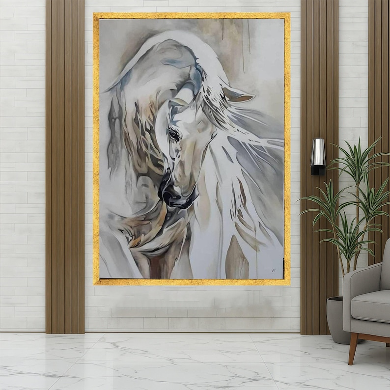 Elegante cuadro de un caballo blanco sobre lienzo, pintura equina abstracta, decoración moderna con arte animal, lienzo en tonos neutros, listo para colgar. imagen 2