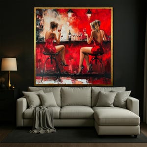 Modern Red Bar Art Canvas Painting of Two Women Drinking Wine – Sexy Lounge Wall Art for Living Room