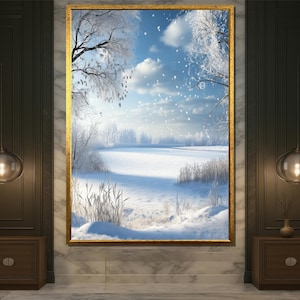 Snowfall Winter Landscape Wall Art, Frozen Lake Canvas Print, Peaceful Nature Scene, Blue Sky Snowy Field Decor