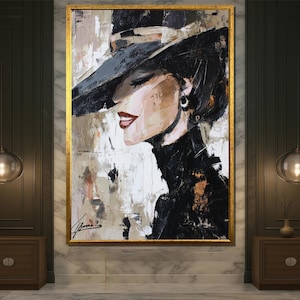 Modern Chic Woman Canvas – Elegant Lady in Black Hat with Abstract Texture, Fashionable Portrait Wall Art, Stylish Gift for Living Room