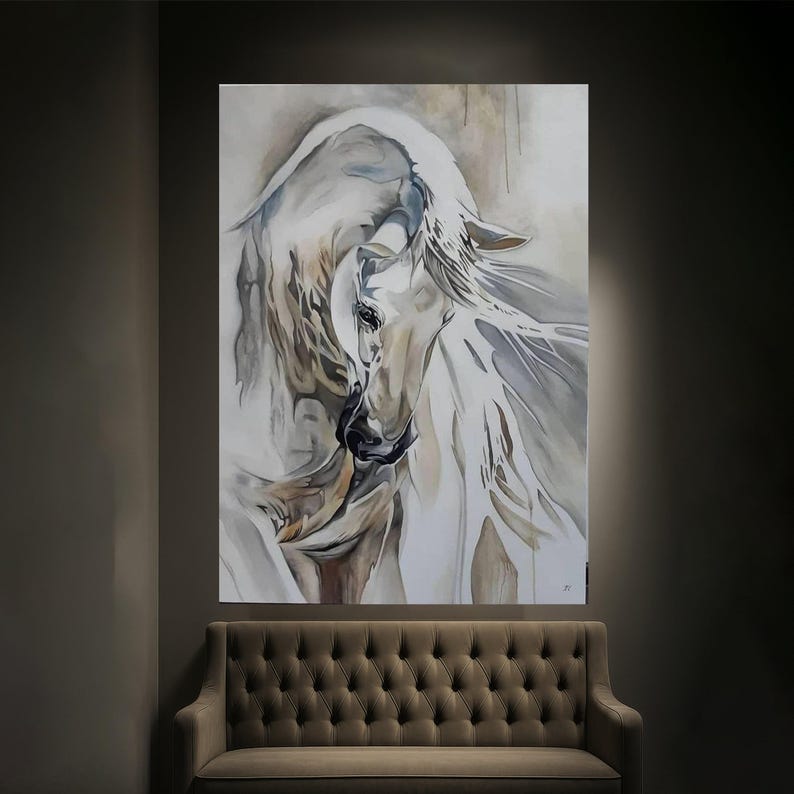 Elegante cuadro de un caballo blanco sobre lienzo, pintura equina abstracta, decoración moderna con arte animal, lienzo en tonos neutros, listo para colgar. imagen 6