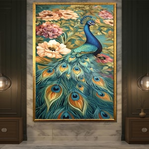 Elegant Peacock Wall Art Canvas, Colorful Floral Bird Painting, Vibrant Nature Home Decor for Living Room or Hallway Accent