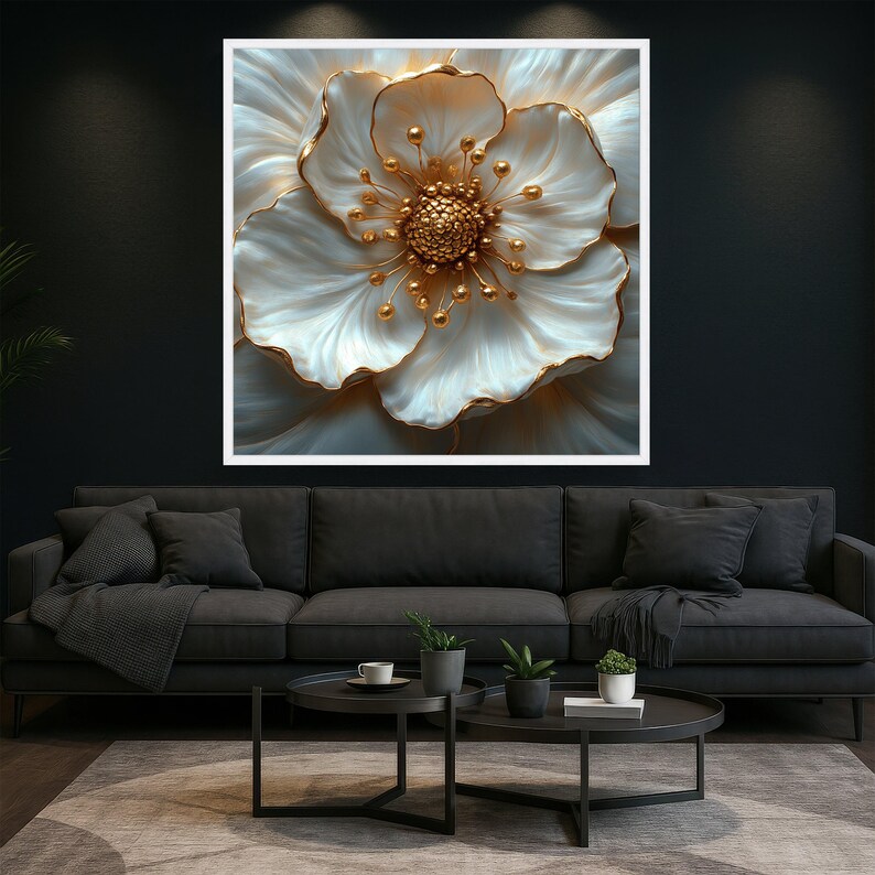 Elegant White and Gold Flower Canvas, Luxury Floral Wall Art, Modern ...