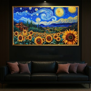 Van Gogh Starry Night and Sunflowers Canvas – Colorful Landscape Wall Art for Living Room – Bright and Joyful Artistic Gift Idea