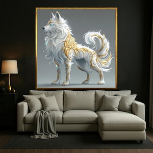 Golden Detailed White Wolf Canvas, Mystical Animal Wall Art, Elegant Wolf Painting, Fantasy Wolf Decor, Unique Wolf Gift Idea for Home