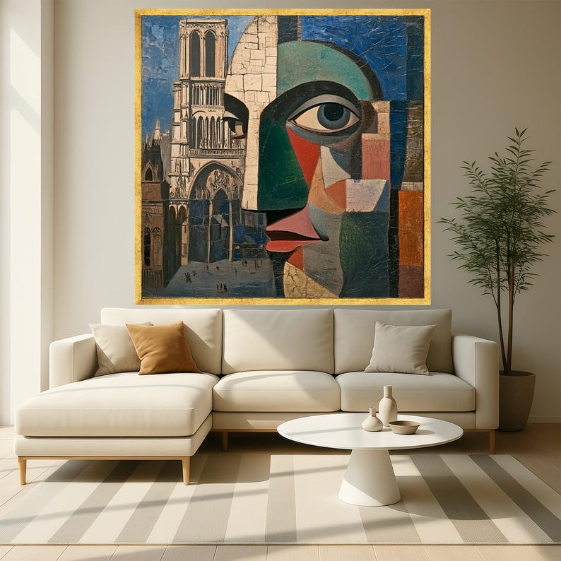 Abstract Cubist Face With Cathedral Canvas, Modern Geometric Wall Art ...