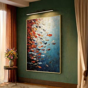 Vibrant School of Fish Canvas Art, Abstract Marine Painting, Underwater Scene Decor