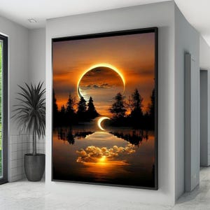 Può includere: Una stampa artistica incorniciata raffigura un paesaggio surreale con un'eclissi celeste sopra un lago riflettente. L'opera presenta un vibrante tramonto arancione e giallo, alberi a silhouette e una luna crescente. L'immagine è esposta in un corridoio moderno.