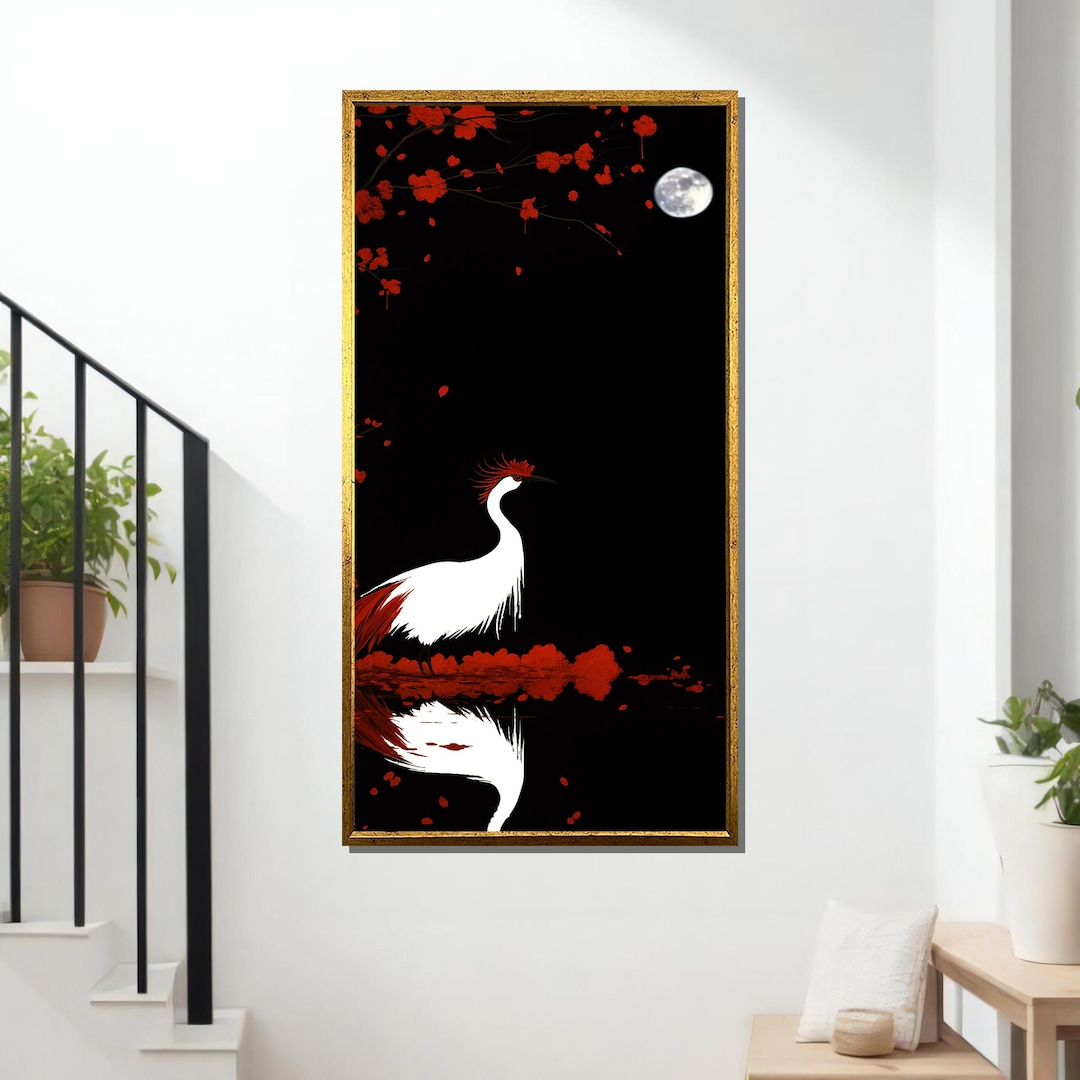 Japanese Crane Canvas Painting Red Blossom Moonlight Wall Art