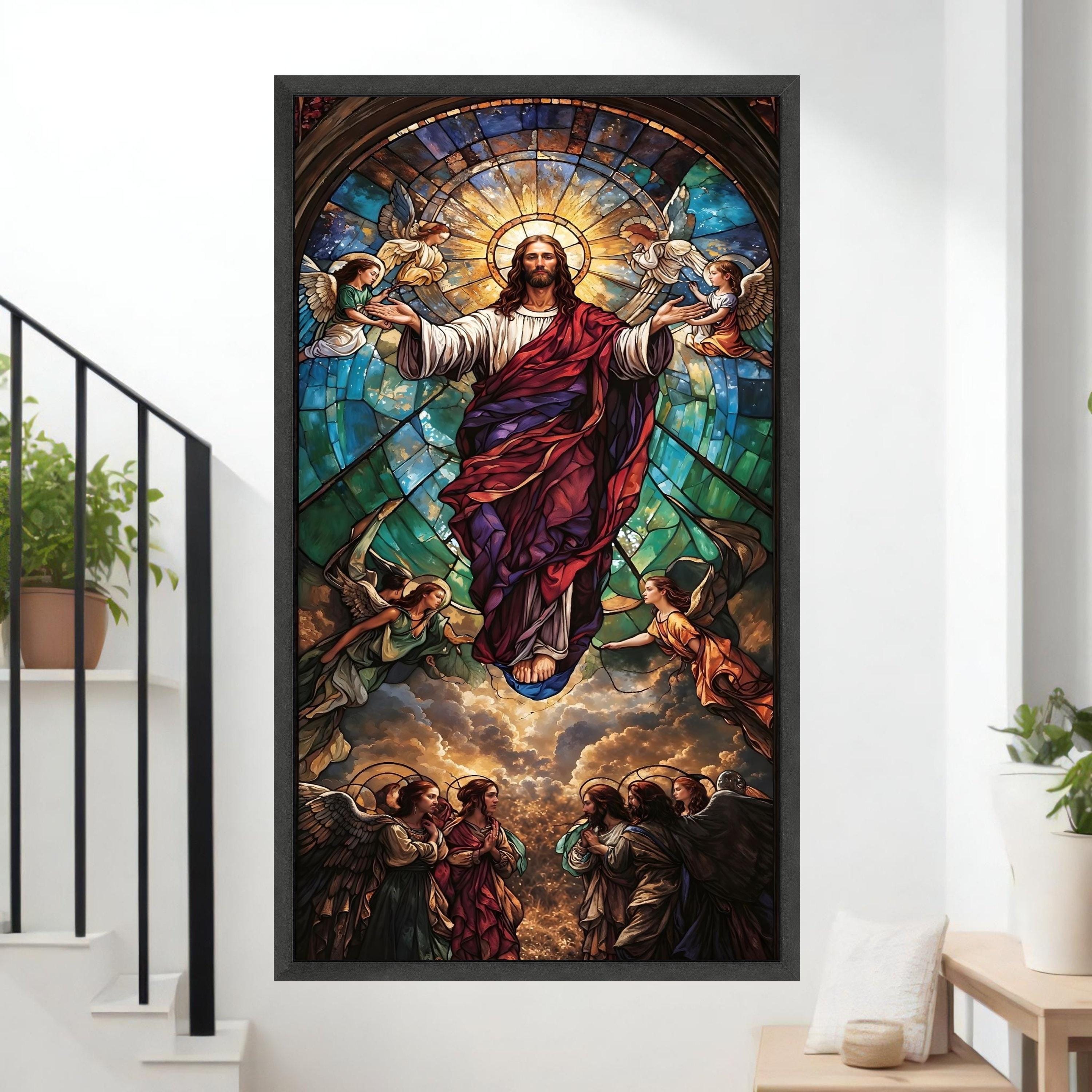 昇天するイエス・キリストのキャンバス、ステンドグラス風の宗教的な