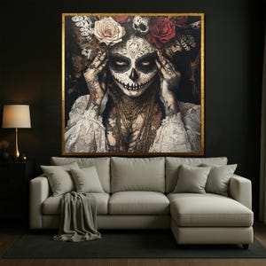 Gothic Day of the Dead Woman Canvas Wall Art, Dark Sugar Skull Portrait with Roses and Skulls for Halloween or Occult Home Decor