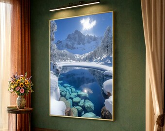 Crystal Clear Mountain Lake Canvas, Winter Snow Landscape, Serene Alpine Scene, Nature Reflection Wall Art, Snowy Forest Canvas Decoration