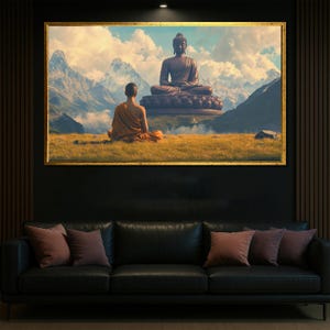 Buddha and Monk Wall Art, Spiritual Zen Landscape Print, Buddhist Meditation Canvas, Peaceful Nature Decor